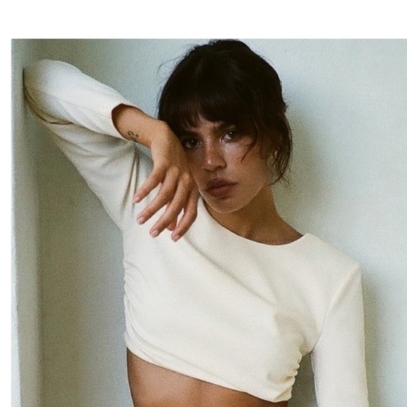 NWT Zara Oyster White Long Sleeve Open Back Crop Top Size Large - Picture 2 of 6